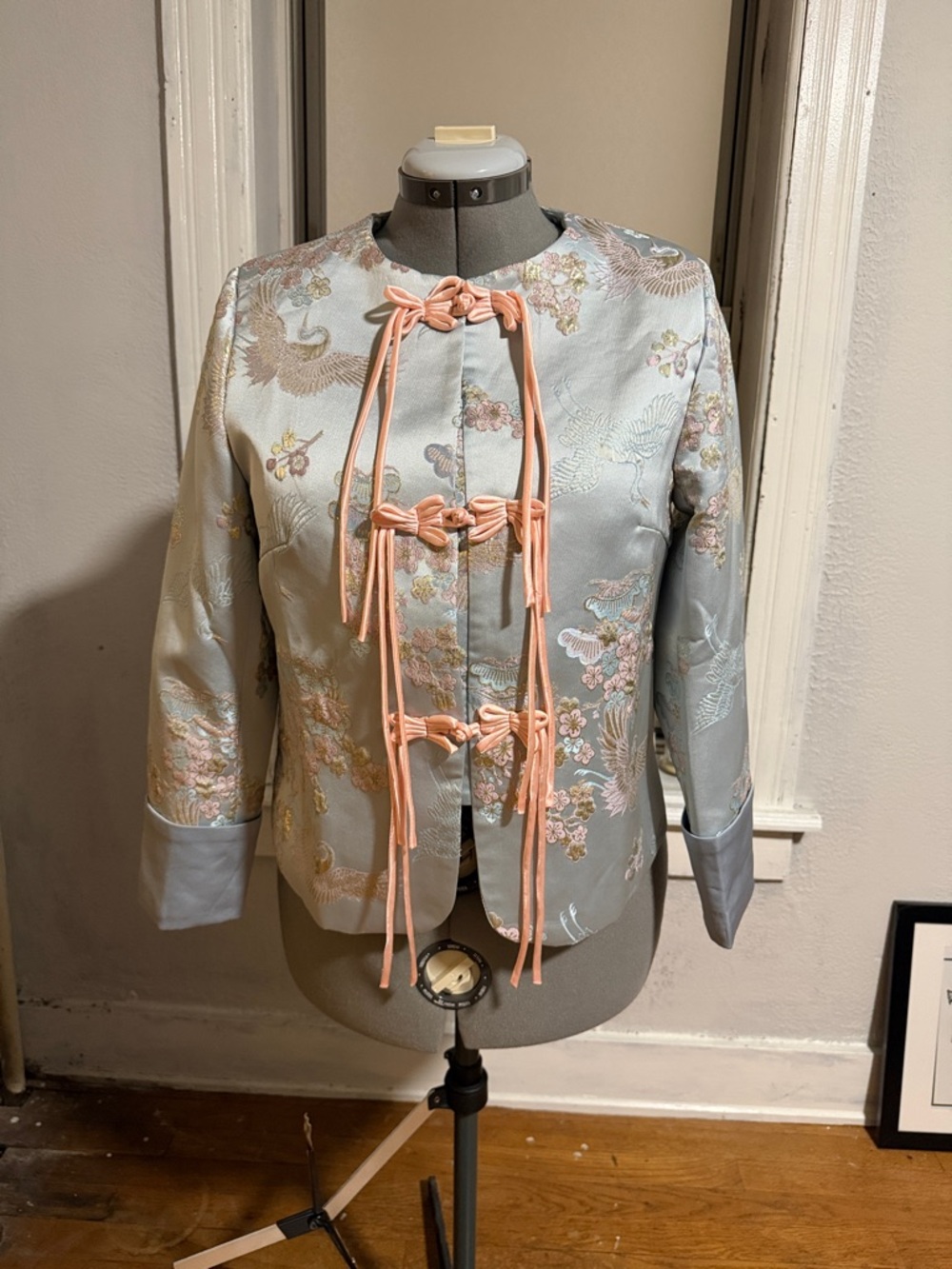 Silk-Blend Pale Blue Embroidered Jacket with Pink Ties - Picture 4 of 4